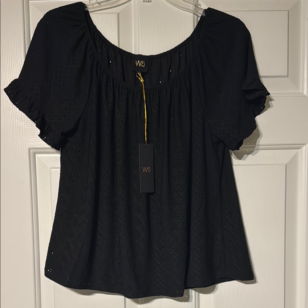 W5 Black Flutter Sleeve Ruffled Blouse